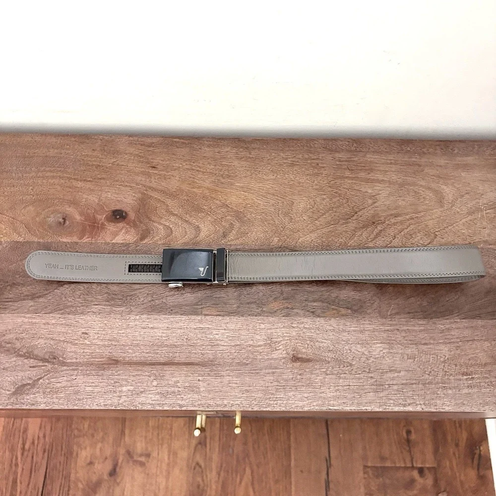 Mission Belt Gray Leather Ratchet‎ Belt Buckle Adjustable No Holes 33